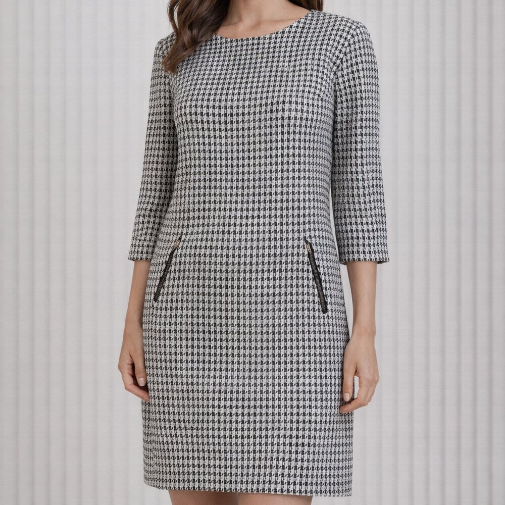 Gap NEWย knee lengthโday dress 3/4 sleeve, zipper detail, black/whiteโhoundstooth